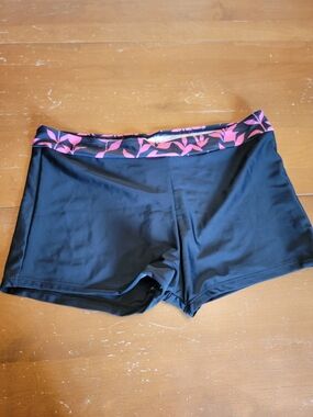 Bikini Bottom Women's Black Swim Shorts with Pink Leaf Waistband XL NWOT